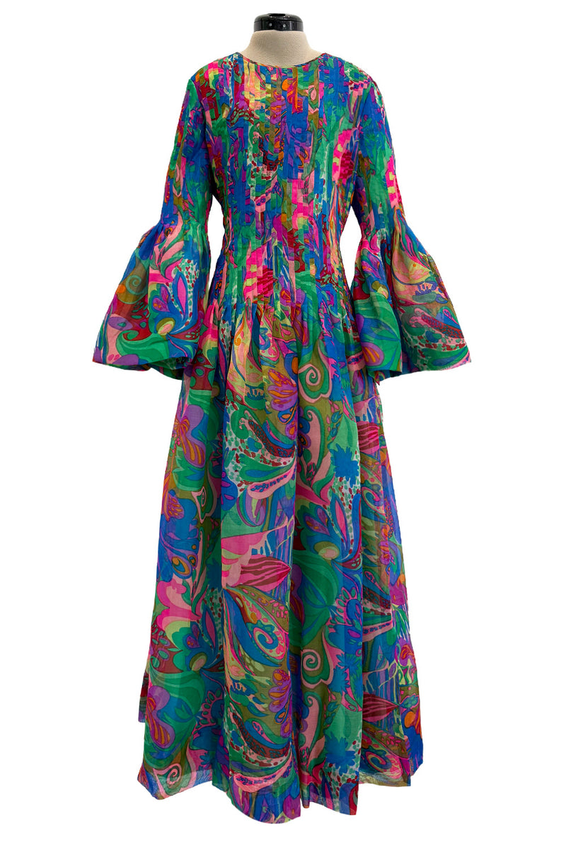 Important 1971 Pierre Cardin Couture Silk Organza Bell Sleeve Dress w Flat Pleated Bodice Sleeves