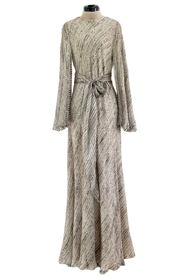 Exceptional 1970s George Stavropoulos Couture Bias Cut Grey Ribbon Silk Chiffon Dress w Sash