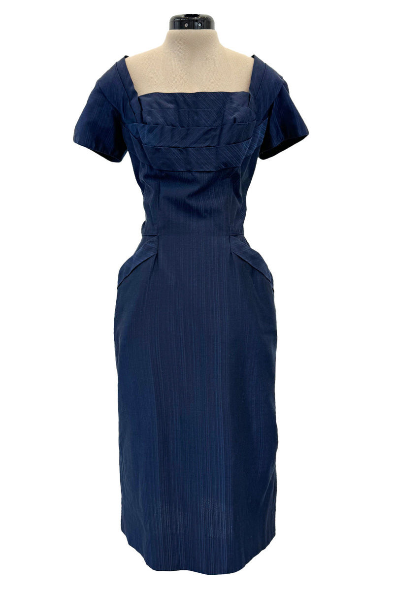 Prettiest 1950s Ceil Chapman Fitted Blue Dress w Hip Pockets & Pleated Shrimpton Couture Prettiest 1950s Ceil Chapman Fitted Blue Dress w Hip Pockets & Pleated Shrimpton Couture