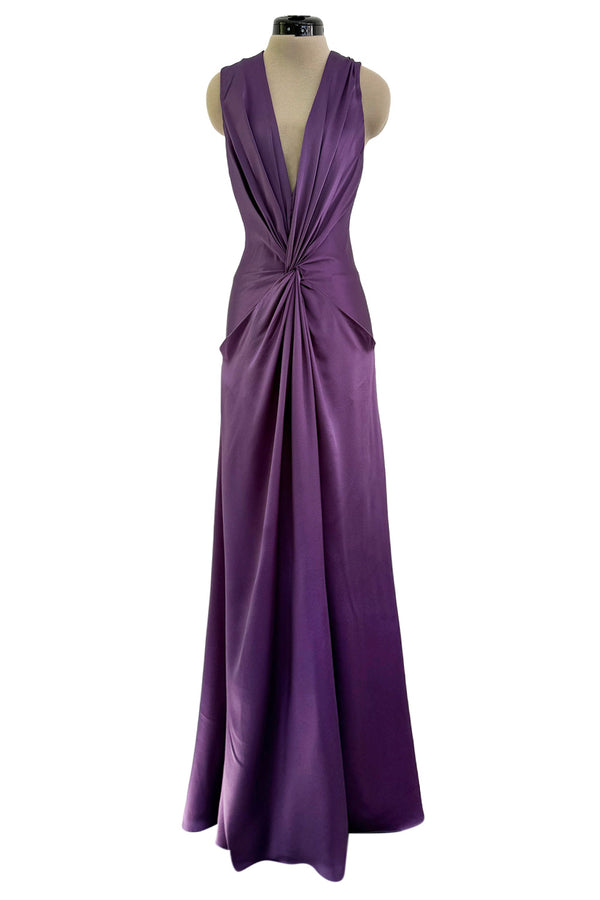 Minimalist Spring 2008 Alexander McQueen Purple Bias Cut Silk Dress w Front Plunge & Knot Detailing