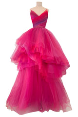 Spring 2019 Monique Lhuillier Runway Strapless Bright Pink Net Tulle Dress w Full Multi Tier Skirt
