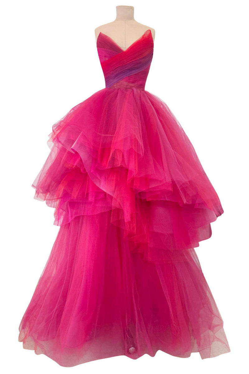 Spring 2019 Monique Lhuillier Runway Strapless Bright Pink Net Tulle Dress w Full Multi Tier Skirt