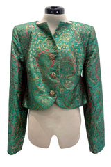 c1993 Yves Saint Laurent Brilliant Green Cropped Jacket w Gold & Red Metallic Detailing