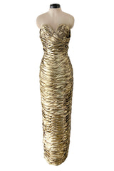 1984 Vicky Tiel Couture Metallic Gold Lame Gathered & Draped Strapless Dress