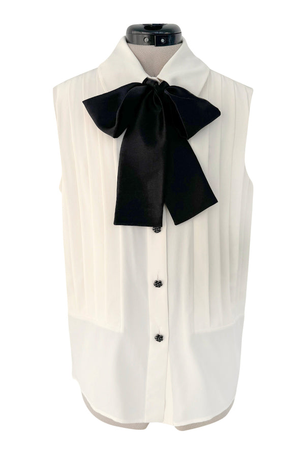 Spring 2015 Chanel by Karl Lagerfeld Runway White Crepe de Chine Pleated Blouse W Handmade Camellia Buttons