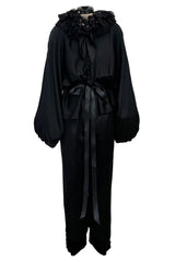 Fabulous 1970s Valentino Black Silk Cropped Pants & Black Silk Top Set w Gold Detailed Ruffled Collar