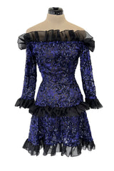 Fall 1987 Yves Saint Laurent Runway Off Shoulder Dress w Metallic Thread & Ruffled Detailing
