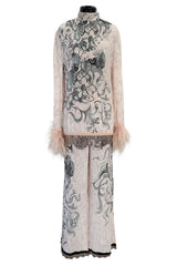 Resort 2018 Prada by Miuccia Ad Campaign & Runway Look 23 Pale Pink Tunic & Pant Set w Feather Cuffs