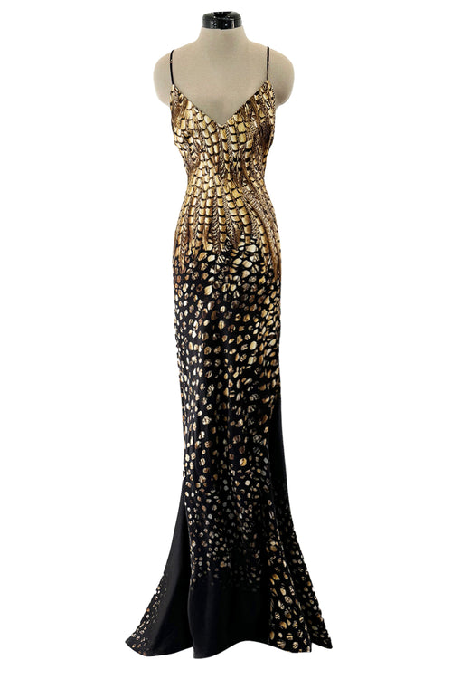 Gorgeous Spring 2005 Roberto Cavalli Black & Gold Feather Print Bias Cut Silk Dress w Open Criss Cross Back