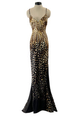Gorgeous Spring 2005 Roberto Cavalli Black & Gold Feather Print Bias Cut Silk Dress w Open Criss Cross Back