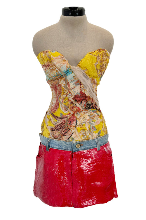 Very Rare Spring 2003 Roberto Cavalli Printed Silk & Net Boned Corset & Red Sequin Mini Skirt Set