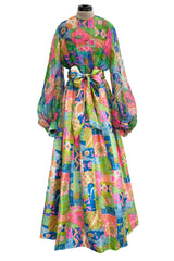 Fantastic Spring 1969 Kiki Hart Multi Colour Floral & Pattern Silk & SIlk Organza Dress w Balloon Sleeves