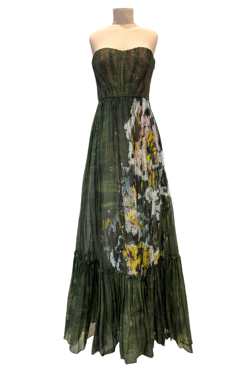 Magical Fall 2019 Valentino Strapless Pleated Green Cotton Dress w Painted Floral Detailing