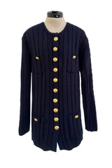 Fantastic 1980-90s Louis Feraud Deep Blue Cable Knit Cardigan Sweater w Metal Gold Tone Buttons