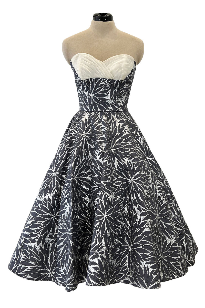 Amazing 1950s Fred Perlberg Hand Painted Silver & Gray Strapless Dress w Pleated Shelf Bust