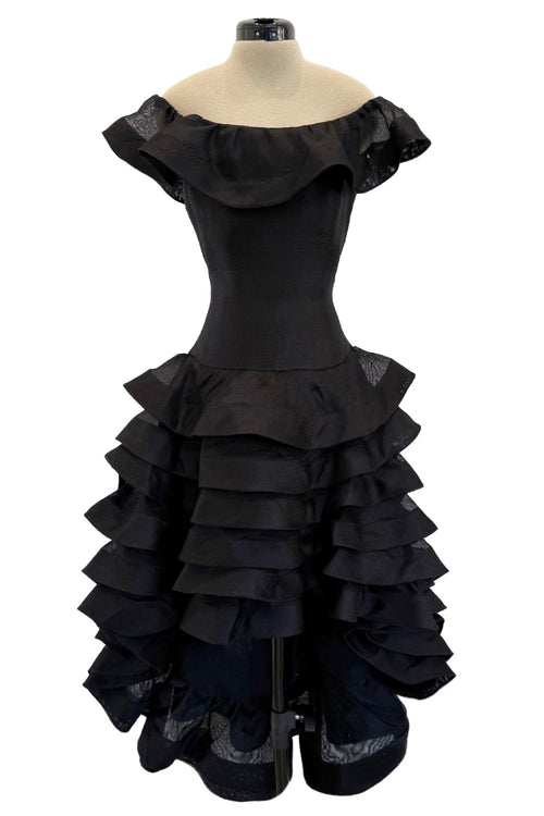 Gorgeous Spring 1992 Oscar de la Renta Runway Black Silk Organza Net Ruffled Off Shoulder Dress