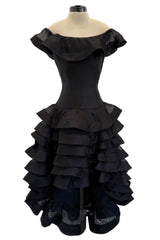 Gorgeous Spring 1992 Oscar de la Renta Runway Black Silk Organza Net Ruffled Off Shoulder Dress