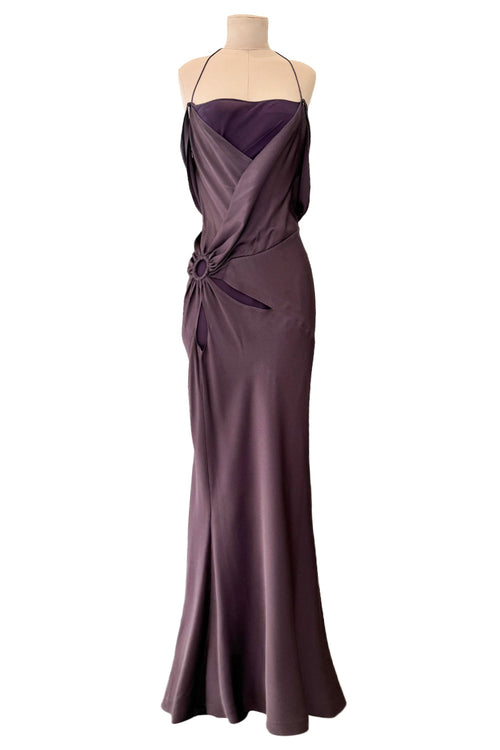 Gorgeous Fall 2003 John Galliano Dusky Purple Bias Cut Silk & Silk Chiffon Dress w Draped Panels