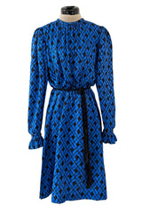 Divine Fall 1979 Yves Saint Laurent True Haute Couture Blue Silk Harlequin Print Dress w Ruffled Cuffs