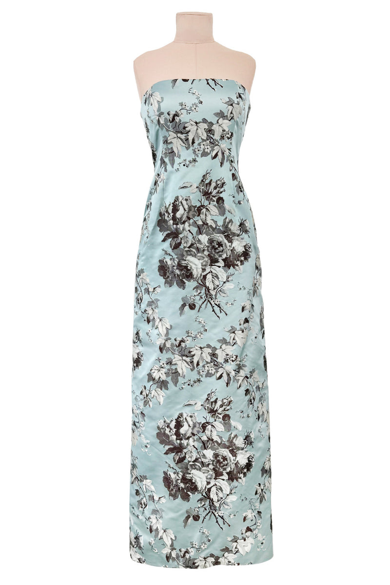 Incredible Fall 2008 Oscar de la Renta Strapless Blue & Silver Grey Floral Silk Brocade Dress