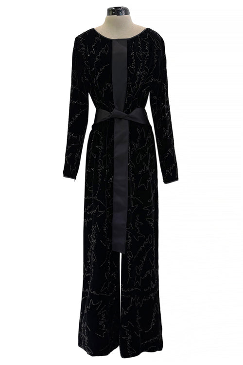 Exquisite Fall 2019 Giorgio Armani Runway Look 80 Velvet &Silk Ribbon Jumpsuit w Black Jet Beads