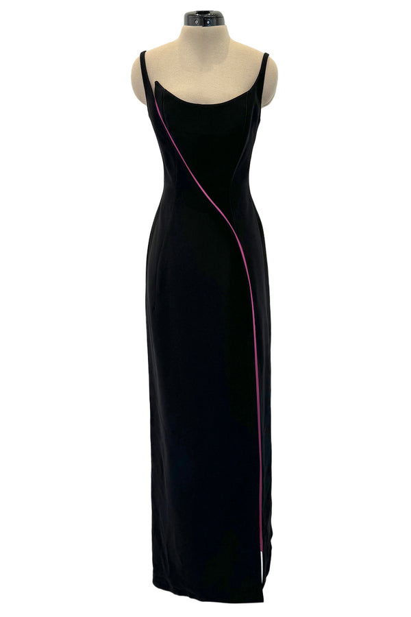 Fall 1999 Thierry Mugler 'Vie en Rose' Collection' Black Dress w High Slit & Vivid Pink Lining