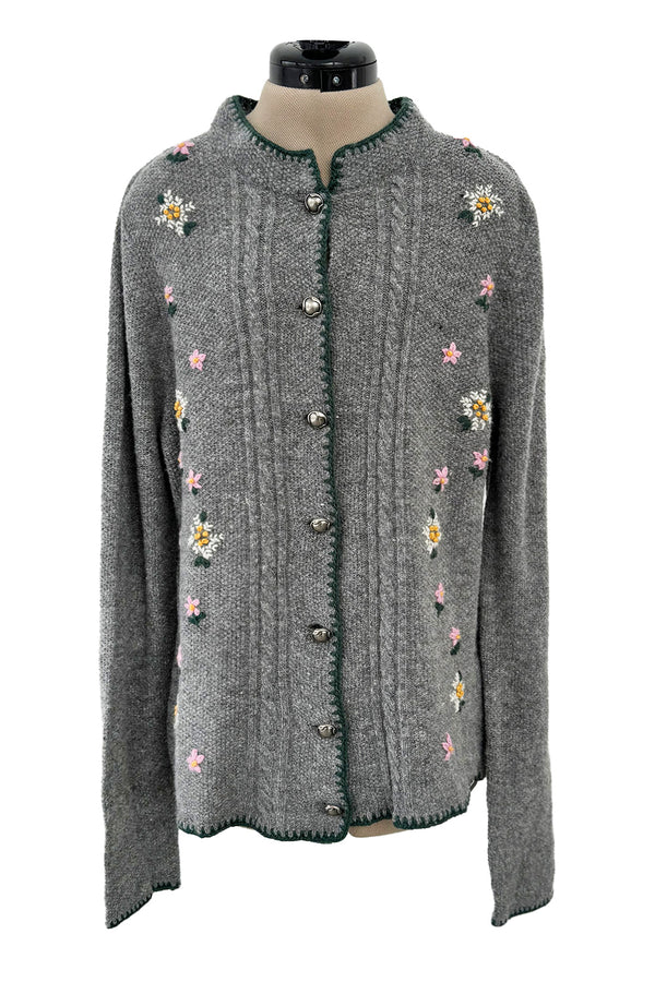Wonderful 1980s Moser Deep Grey Colour Hand Knit Cardigan Sweater w Floral Details & Metal Buttons