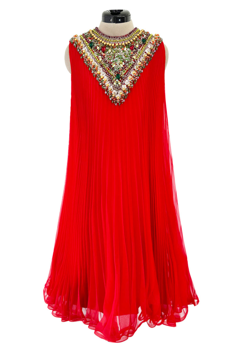 Prettiest Unlabeled 1960s Red Pleated Chiffon Dress w Densely Beaded & Sequin Bib Collar