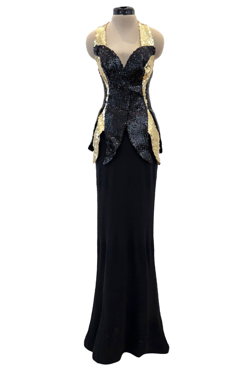 c.1973 Loris Azzaro Backless Black Jersey Dress w Gold & Black Sequin Shrimpton Couture c.1973 Loris Azzaro Backless Black Jersey Dress w Gold & Black Sequin Shrimpton Couture
