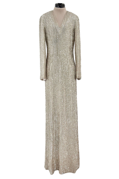 Extraordinary 1970s John Anthony Couture Ivory Silver Hand Beaded Runway Sample Dress