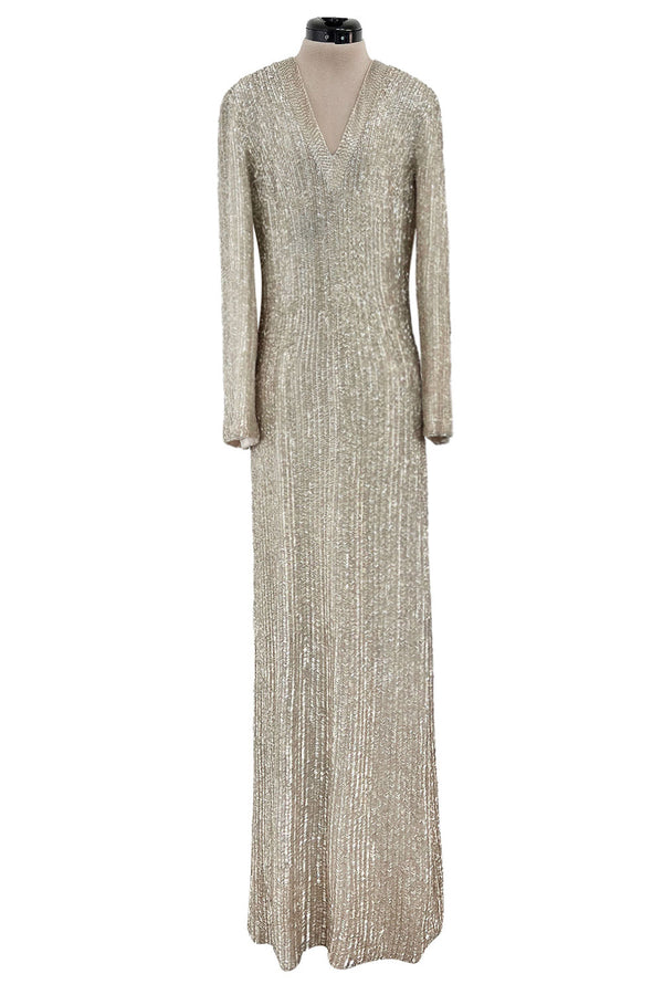 Extraordinary Fall 1975 John Anthony Couture Ivory Silver Hand Beaded Runway Sample Dress