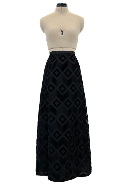 Prettiest 1960s Pierre Balmain Full Length Fused Velvet in Black Silk Geometric Pattern Skirt