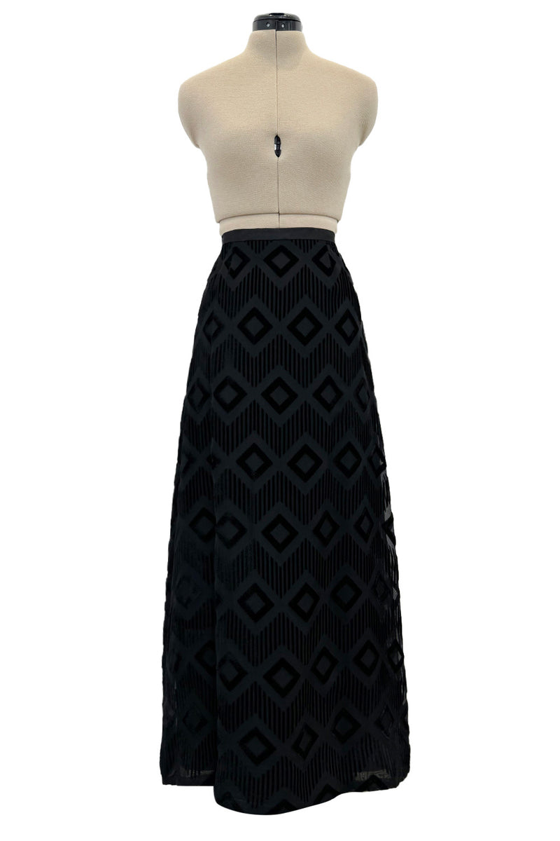 Prettiest 1960s Pierre Balmain Full Length Fused Velvet in Black Silk Geometric Pattern Skirt