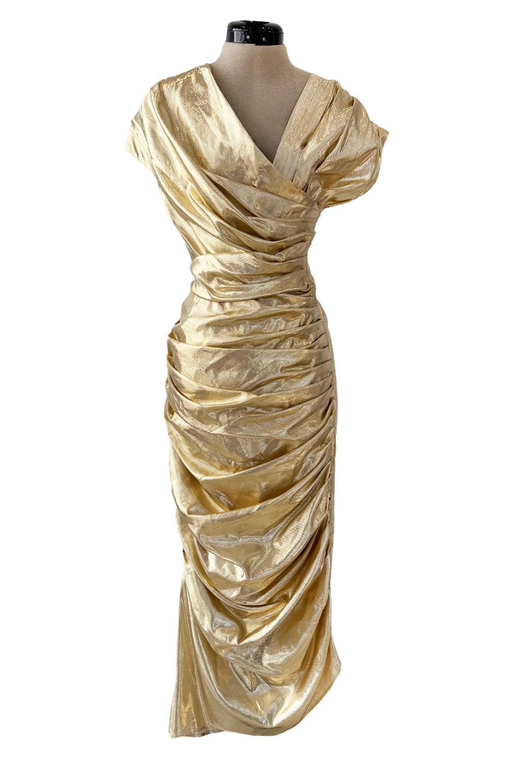 Museum Held 1986 Thierry Mugler Gold Feather Light Lame Dress w Gather Shrimpton Couture Museum Held 1986 Thierry Mugler Gold Feather Light Lame Dress w Gather Shrimpton Couture