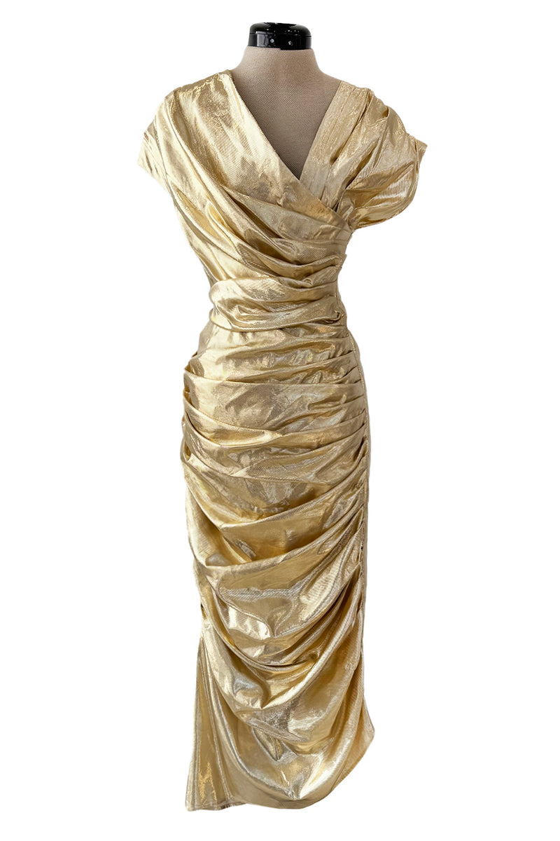 Museum Held 1986 Thierry Mugler Gold Feather Light Lame Dress w Gathered Sides