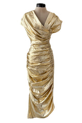 Museum Held 1986 Thierry Mugler Gold Feather Light Lame Dress w Gathered Sides