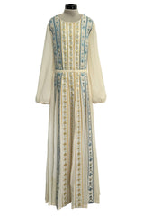 1970s Lanvin by Jules-Francois Crahay Couture Ivory Silk Chiffon & Floral Silk Ribbon Dress