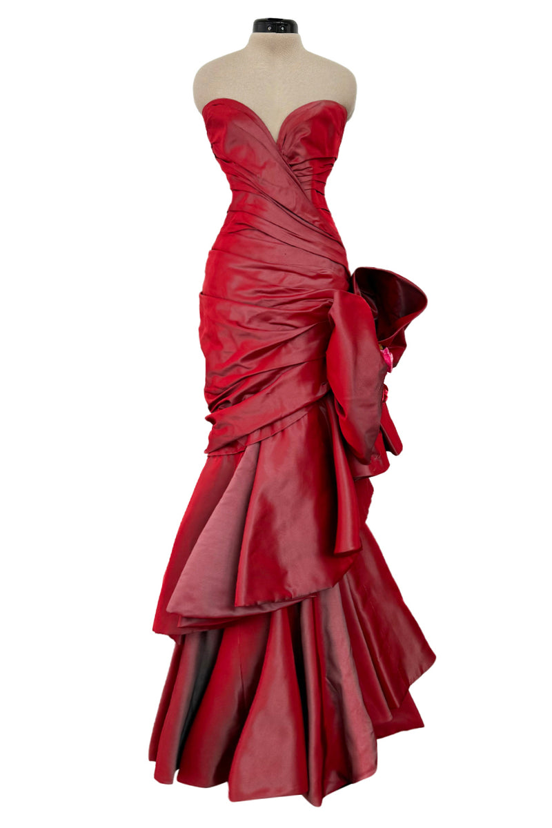 Exceptional Fall 1991 Emanuel Ungaro Haute Couture Runway Strapless Hand Draped Iridescent Silk Dress w Bow