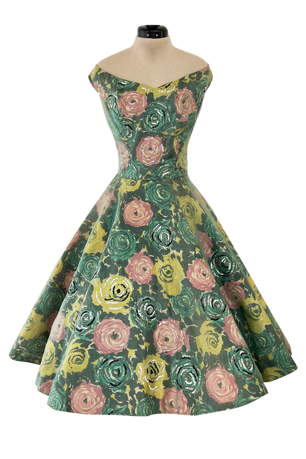 Gorgeous 1950s David Hart Organza Covered Cotton Floral Print Dress w Sequin Detailing