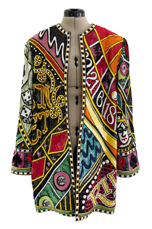 Incredible 1980s Bob Mackie Main Label Fully Sequin & Beaded Oversized Casino Themed Jacket
