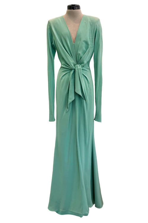 Iconic Spring 1985 Yves Saint Laurent Haute Couture Runway Pale Green Silk Dress w Front Plunge & Tie