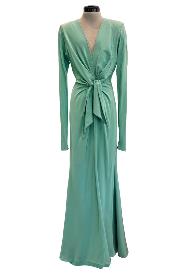 Iconic Spring 1985 Yves Saint Laurent Haute Couture Runway Pale Green Silk Dress w Front Plunge & Tie