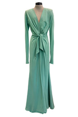 Iconic Spring 1985 Yves Saint Laurent Haute Couture Runway Pale Green Silk Dress w Front Plunge & Tie