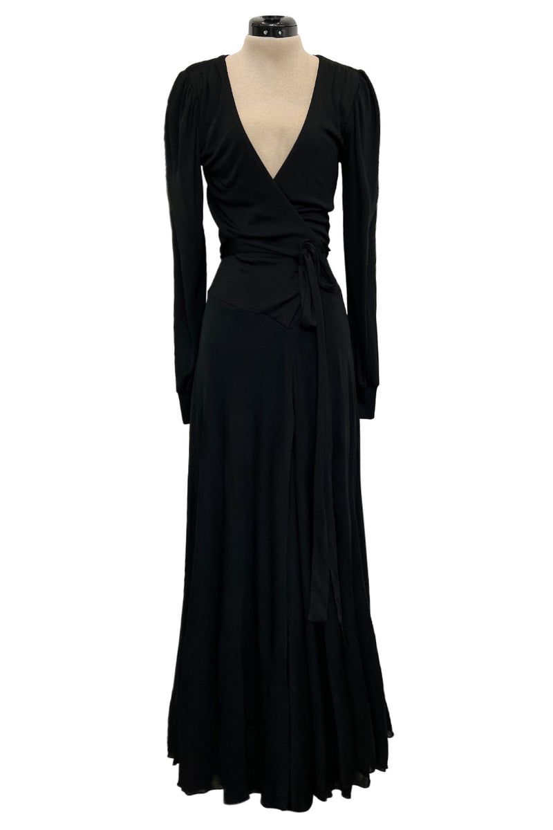 Incredibly Rare 1970s Holly’s Harp Bias Cut Black Jersey Dress w Crossed over Plunging Front