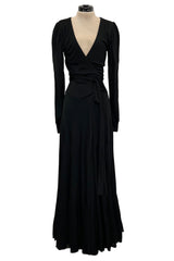 Incredibly Rare 1970s Holly’s Harp Bias Cut Black Jersey Dress w Crossed over Plunging Front