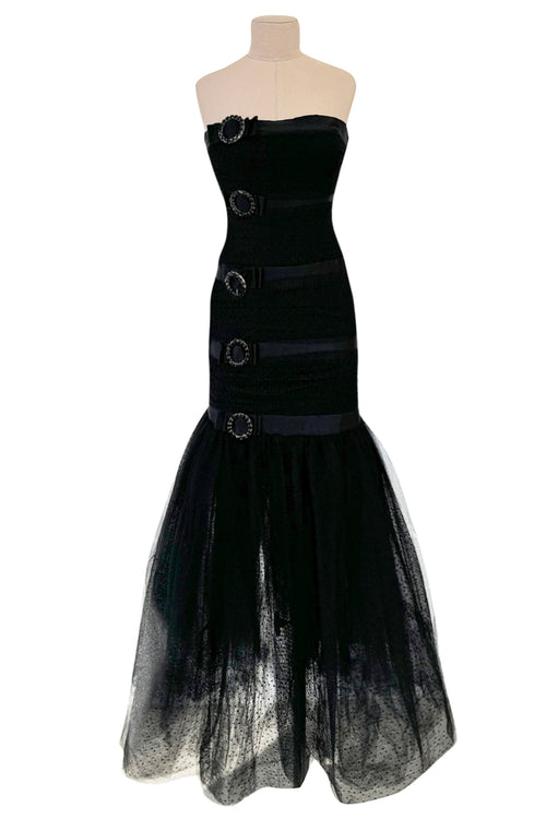 Spring 1987 Yves Saint Laurent Strapless Dotted Silk Net Dress w Rhinestone Detail & Full Lower Skirts