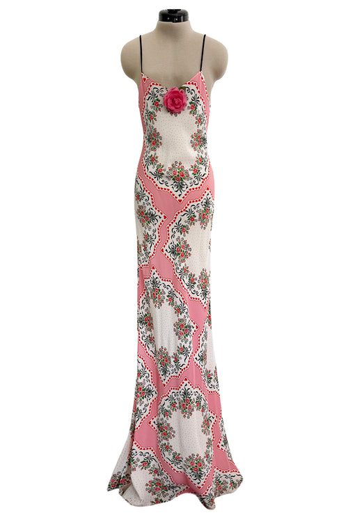 Prettiest Spring 2021 Rodarte Runway Look 20 Bias Cut Silk Pink Print Flower & Hearts Dress w Removable Flower