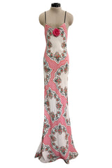 Prettiest Spring 2021 Rodarte Runway Look 20 Bias Cut Silk Pink Print Flower & Hearts Dress w Removable Flower