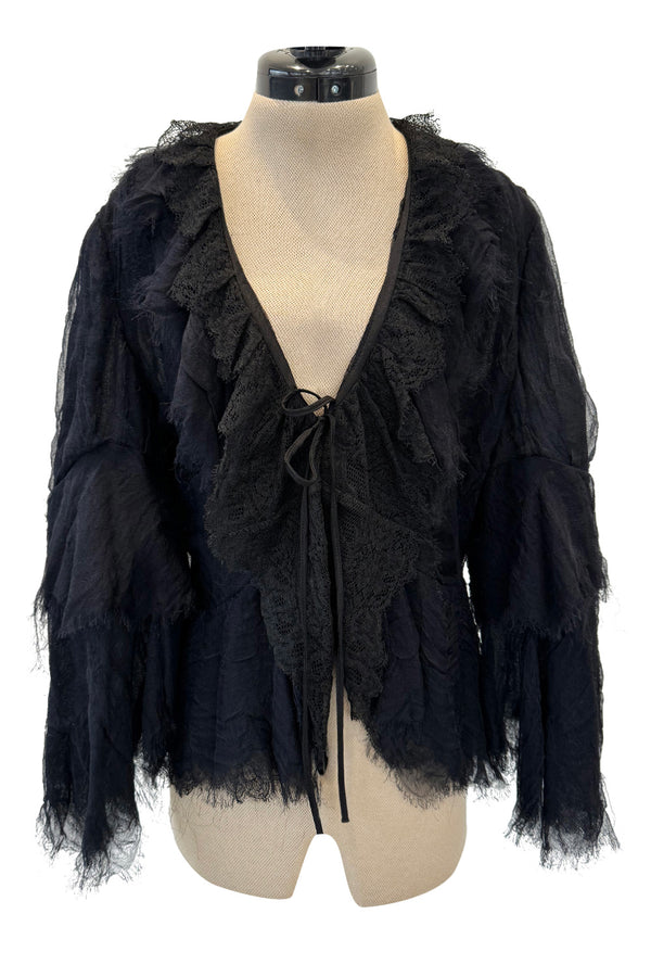 Pretty 2000s Christian Lacroix Bazar Black Silk Chiffon Top or Light Jacket w Lace Finishes