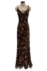 Beautiful Fall 2005 John Galliano Bias Cut Soft Brown Cut Devore Velvet & Chiffon Floral Print Dress